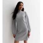 Grey Ribbed Jersey High Neck Mini Dress